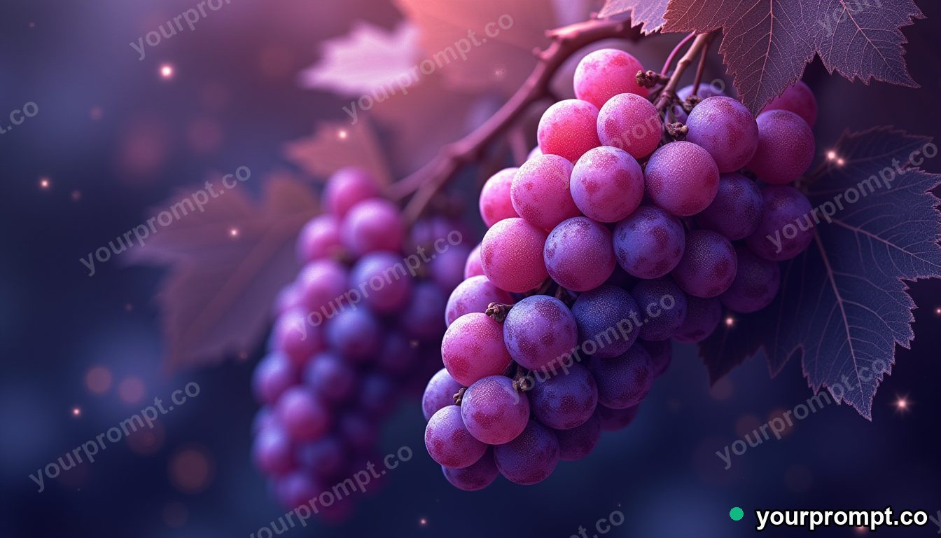 A bunch of purple grapes glistening on the vine in layered papercut art style — AI-generated image from a text prompt