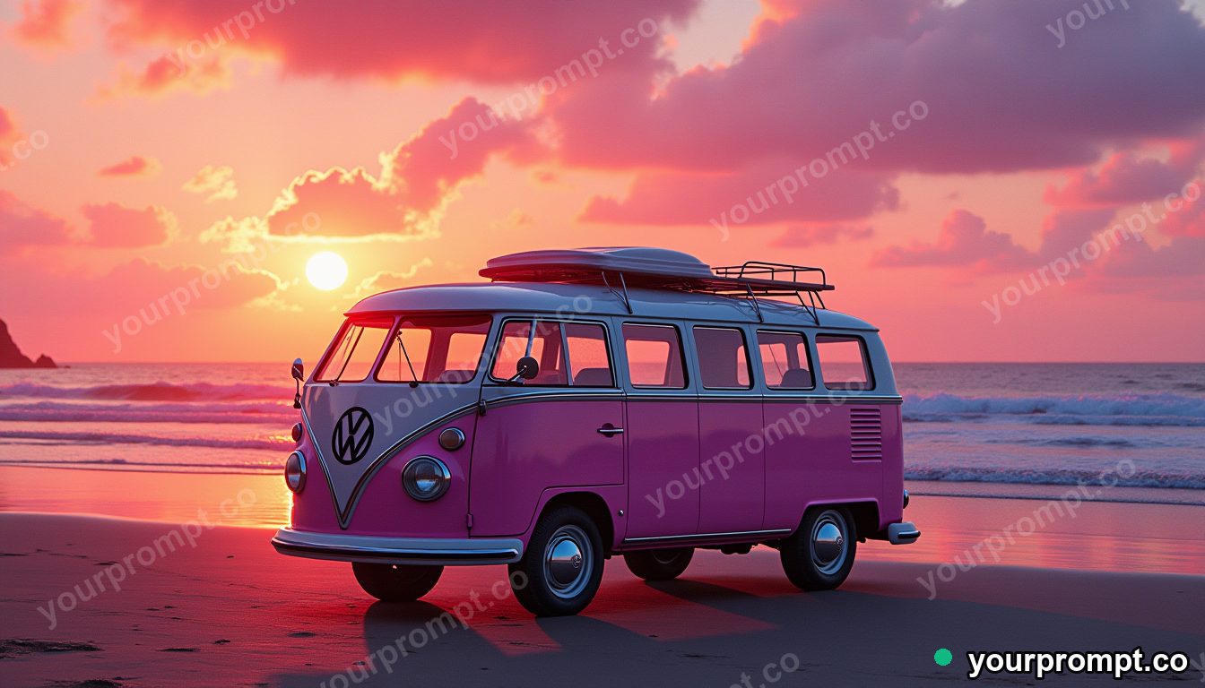 A vintage VW camper van parked at a beach sunset in vaporwave synthwave style — AI-generated image from a text prompt