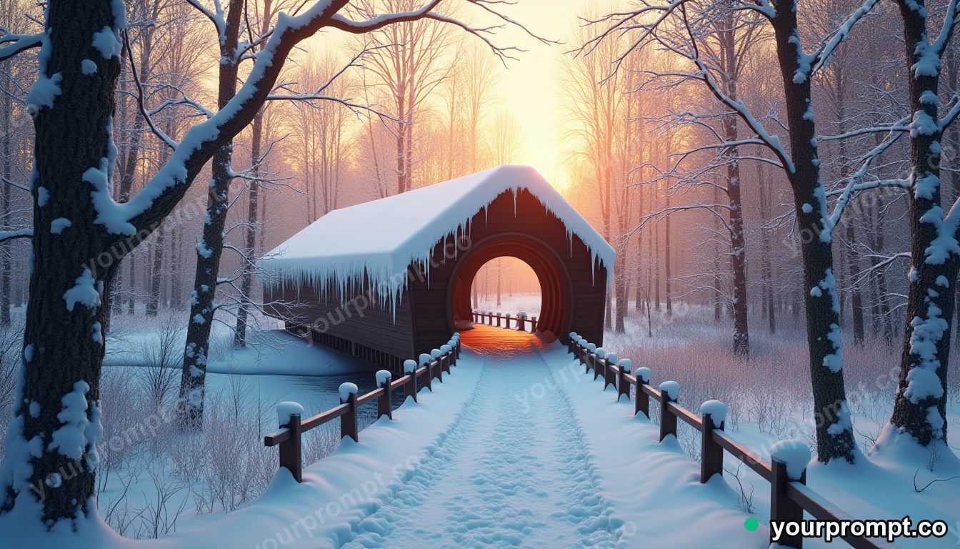 A snow-covered covered bridge in a quiet wood in epic fantasy concept art style — AI-generated image from a text prompt