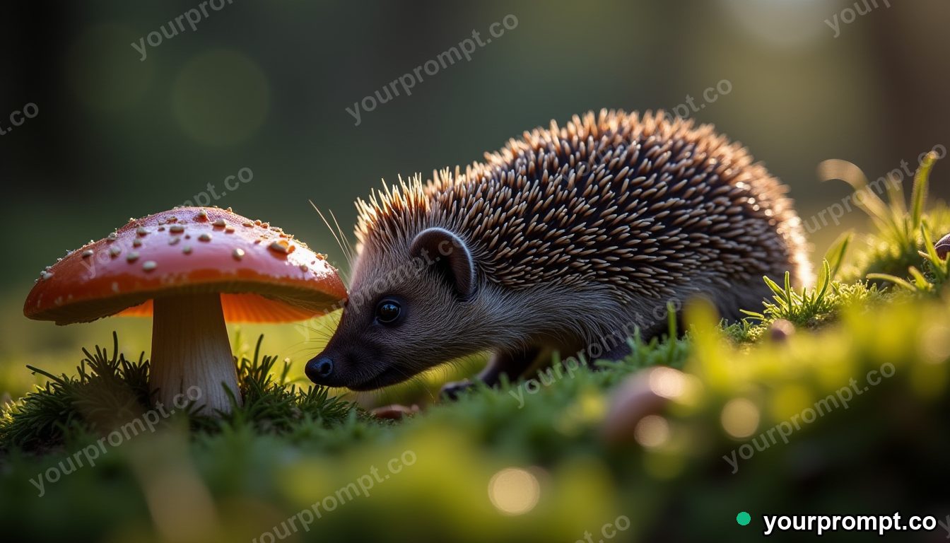A hedgehog sniffing a mushroom in mossy grass in dramatic chiaroscuro style — AI-generated image from a text prompt