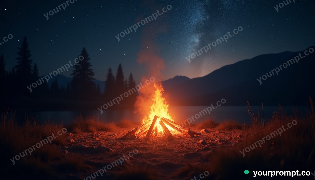 A glowing campfire under a sky full of stars in hyperrealistic style — AI-generated image from a text prompt