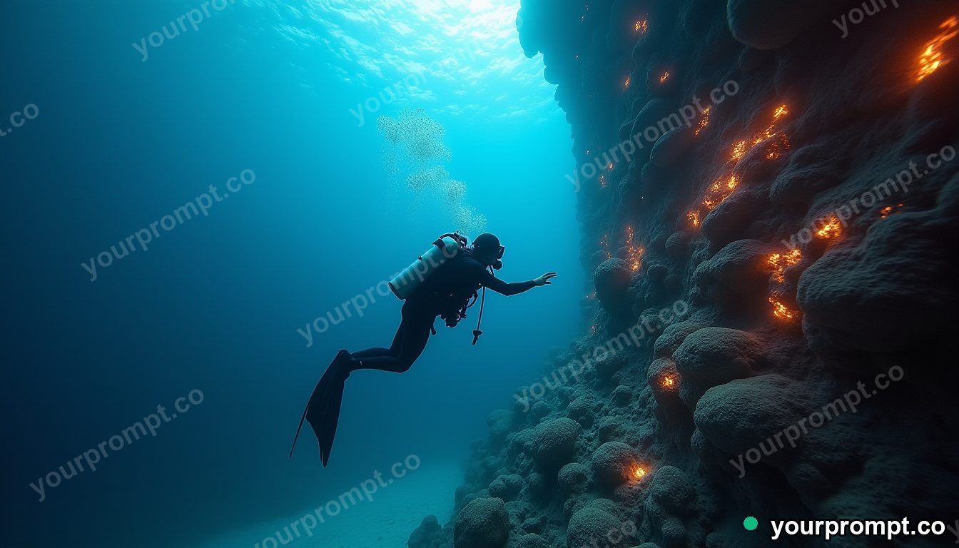 A deep-sea diver inspecting a glowing coral wall in clean minimalist style — AI-generated image from a text prompt