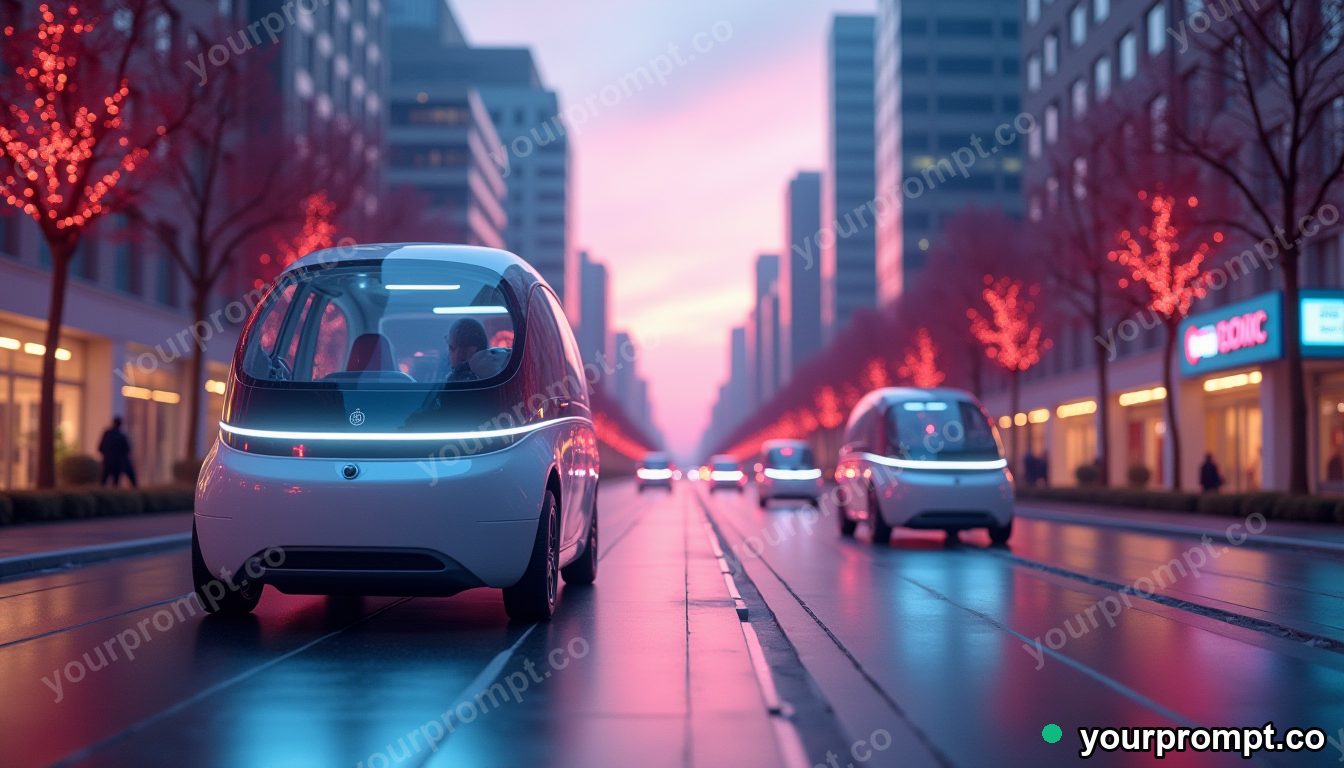 A smart city street with self-driving pods at dusk in dreamy pastel style — AI-generated image from a text prompt
