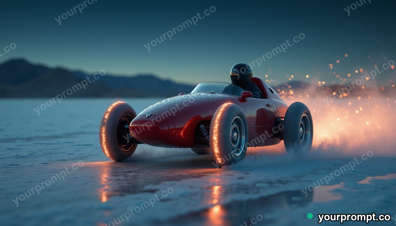 A monowheel racer speeding down a salt flat in tilt-shift miniature style — AI-generated image from a text prompt