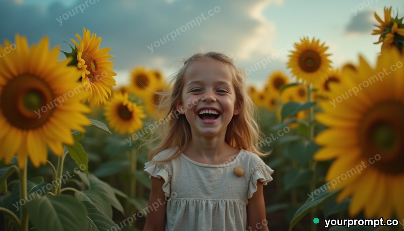 A freckled child laughing in a sunflower field, fictional in ethereal long-exposure style — AI-generated image from a text prompt
