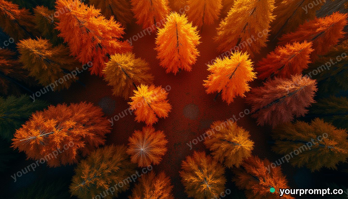 A top-down view of autumn treetops in fiery colors in cinematic film still style — AI-generated image from a text prompt