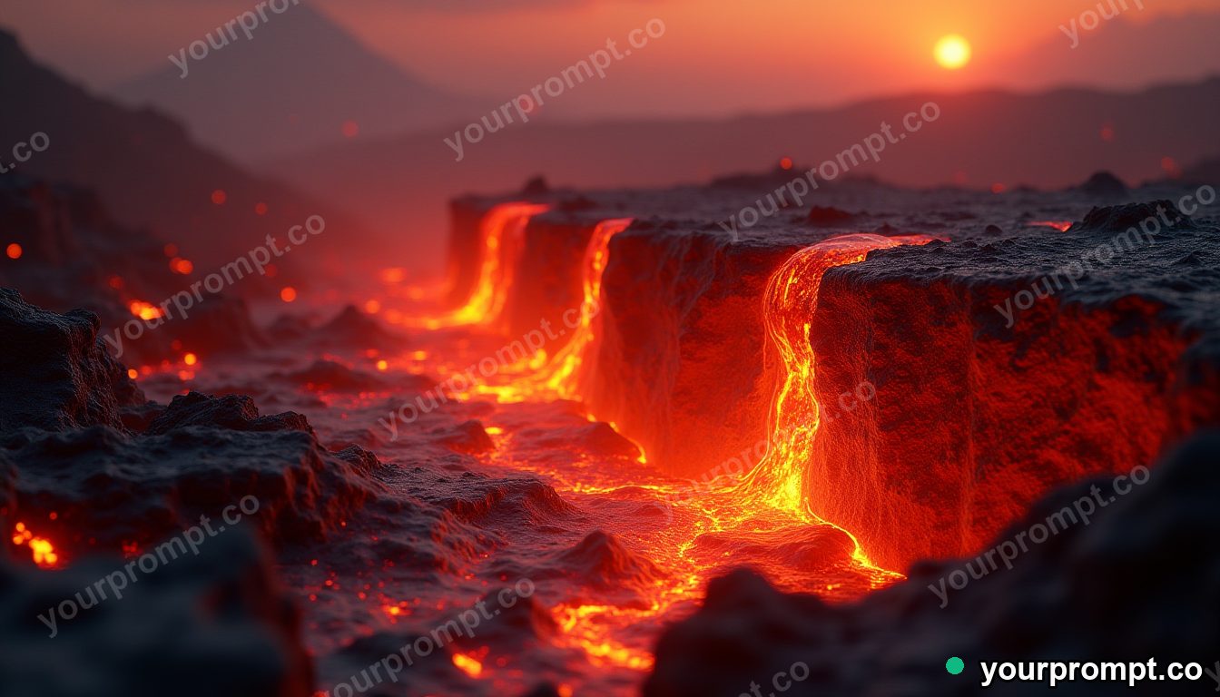 A wall of glowing molten lava cooling to black crust in 3D octane render style — AI-generated image from a text prompt