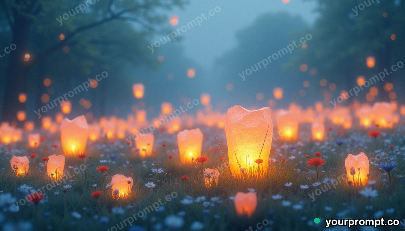 A meadow where the flowers are tiny floating lanterns in soft watercolor painting style — AI-generated image from a text prompt