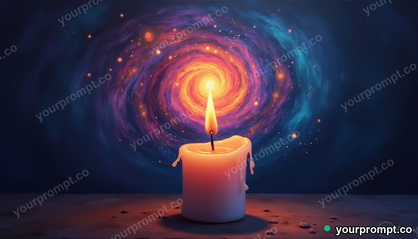 A candle whose flame is a tiny swirling galaxy in rich oil painting style — AI-generated image from a text prompt