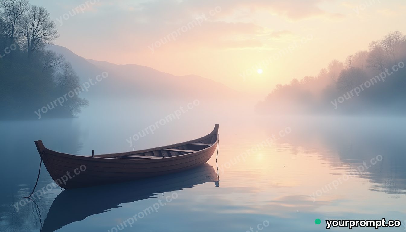 A wooden fishing boat on a misty calm lake at dawn in anime illustration style — AI-generated image from a text prompt