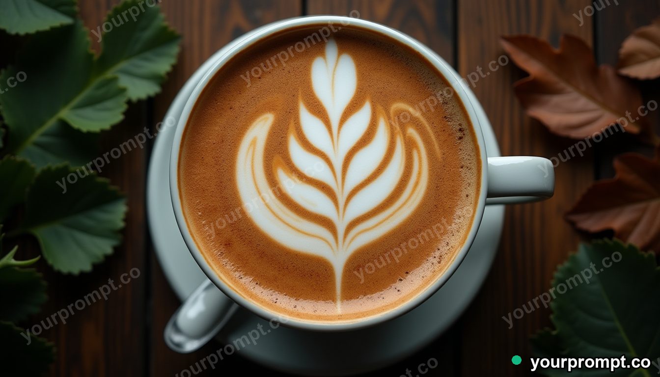 A frothy latte with delicate leaf art, top-down in extreme macro photography style — AI-generated image from a text prompt