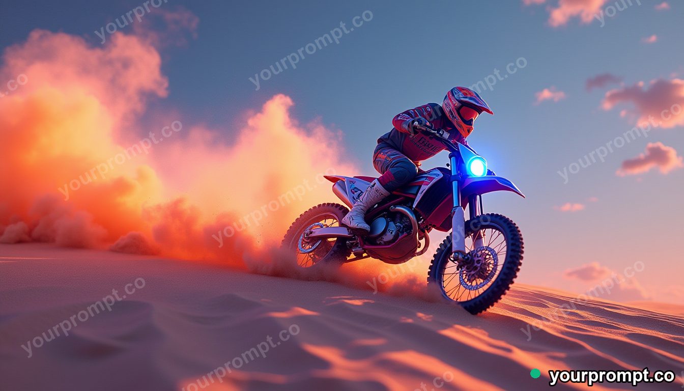 A dirt bike soaring over a dune, sand spraying in isometric miniature style — AI-generated image from a text prompt