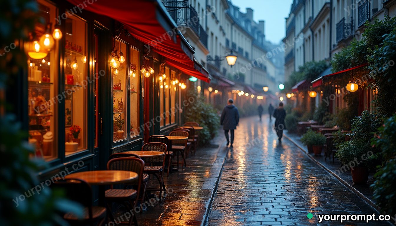 A cobbled Parisian cafe street in soft rain in golden-hour photography style — AI-generated image from a text prompt