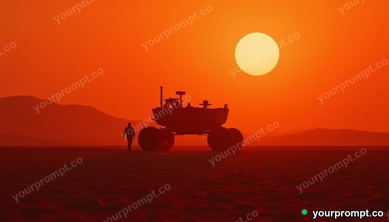 A rover crossing a red martian desert at dusk in hyperrealistic style — AI-generated image from a text prompt