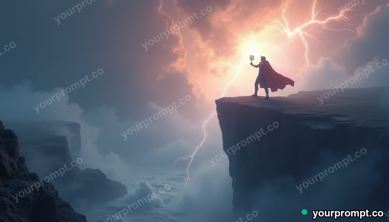 Thor summoning lightning on a stormy cliff in dreamy pastel style — AI-generated image from a text prompt