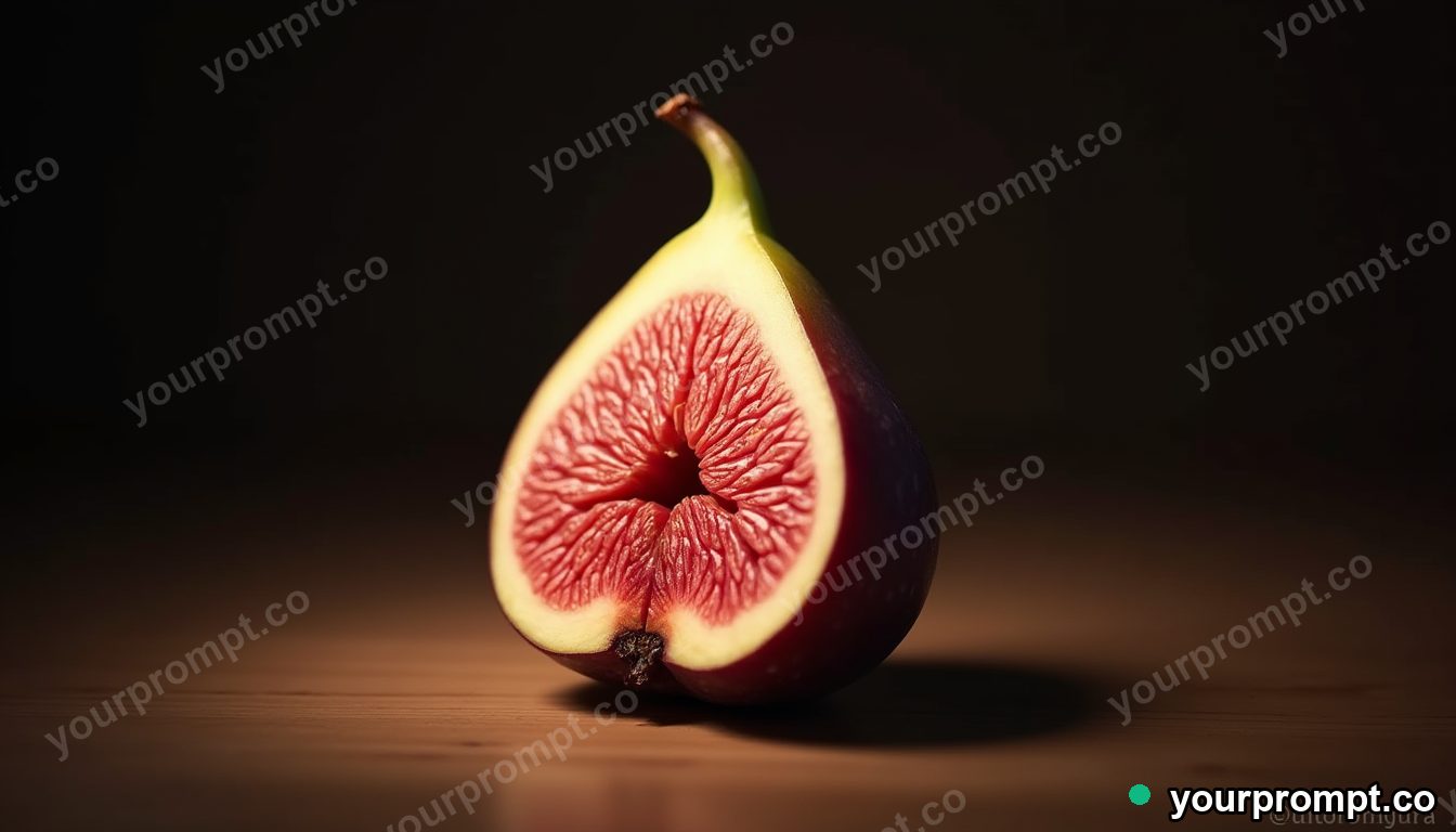 A single fig sliced to show its pink interior in warm storybook illustration style — AI-generated image from a text prompt