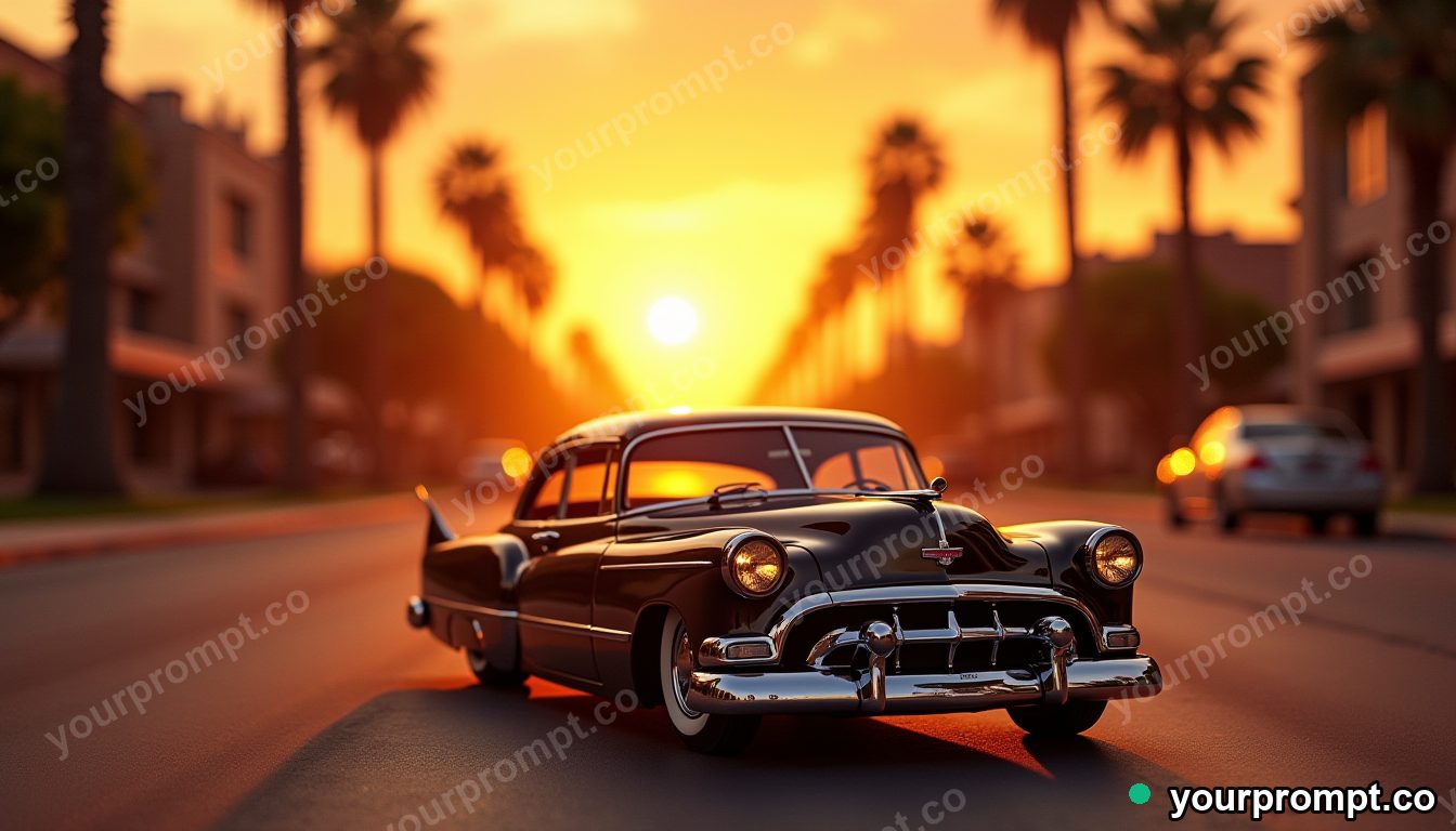 A chrome lowrider cruising a palm-lined boulevard in claymation stop-motion style — AI-generated image from a text prompt
