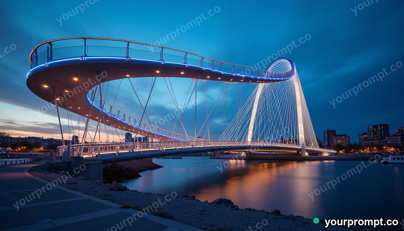 A spiraling modern pedestrian bridge at dusk in double-exposure style — AI-generated image from a text prompt
