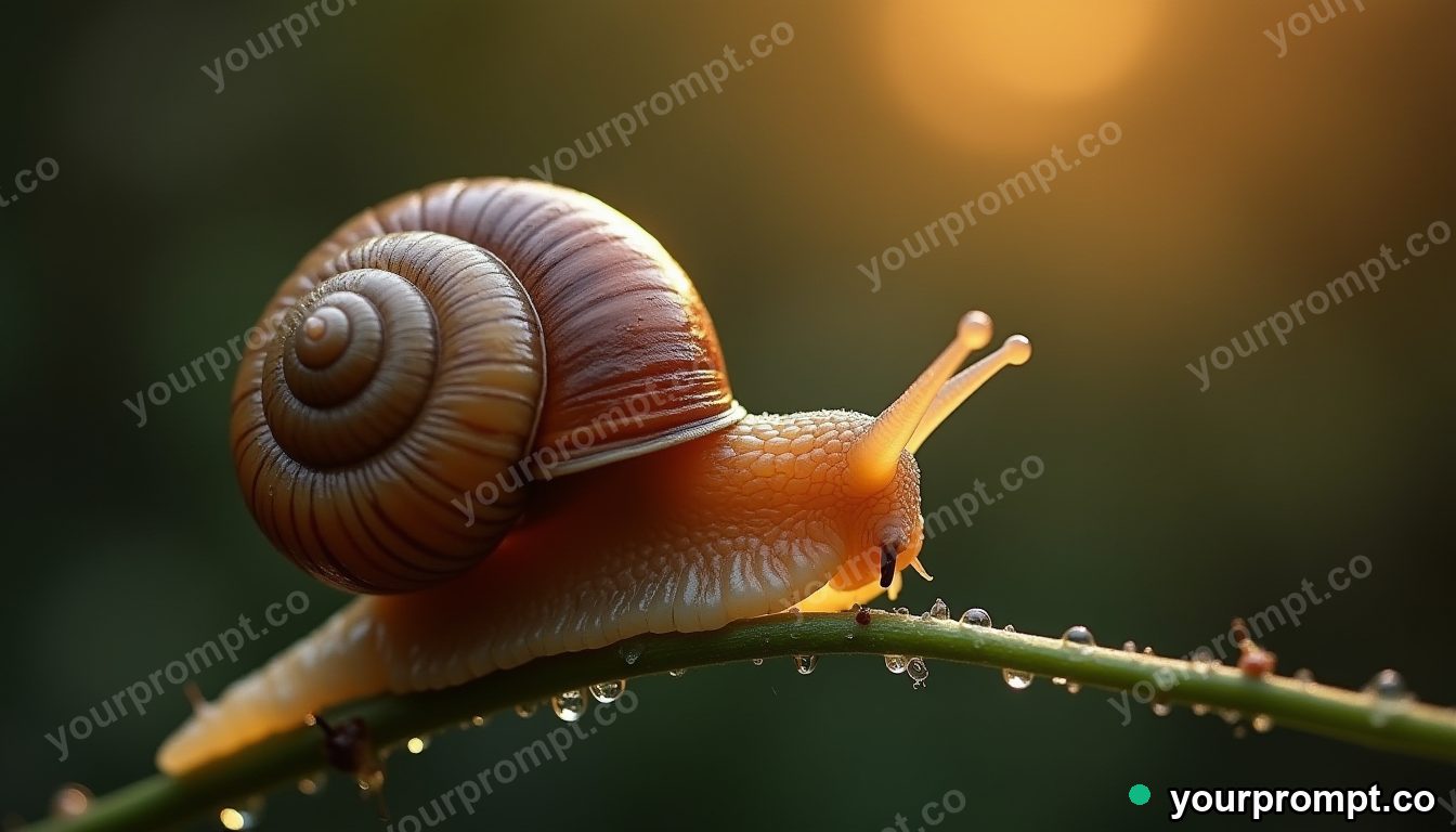 A snail with a glistening shell on a dewy stem in vintage film photograph style — AI-generated image from a text prompt