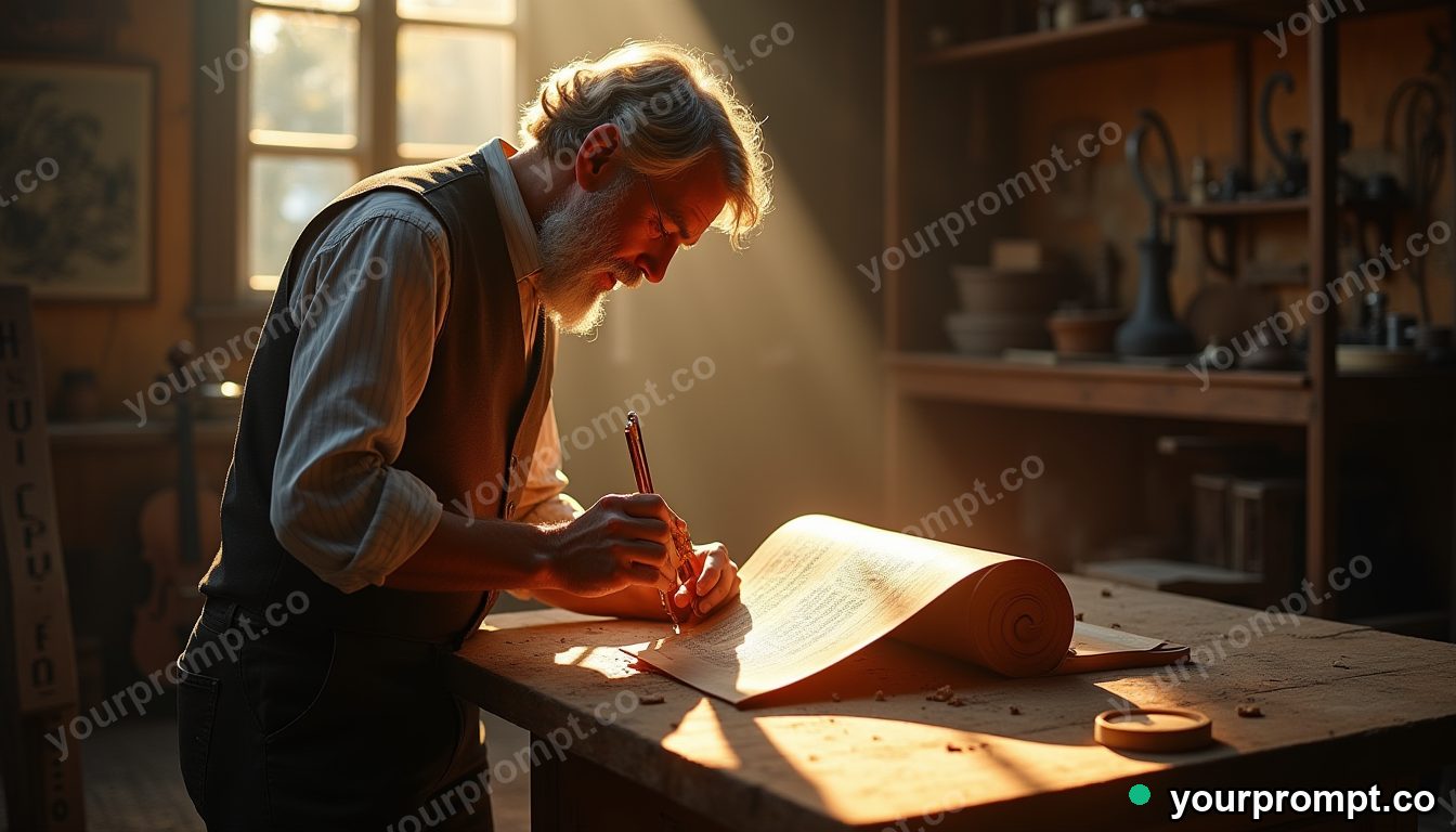 A violin maker carving a scroll in a sunlit workshop in ethereal long-exposure style — AI-generated image from a text prompt