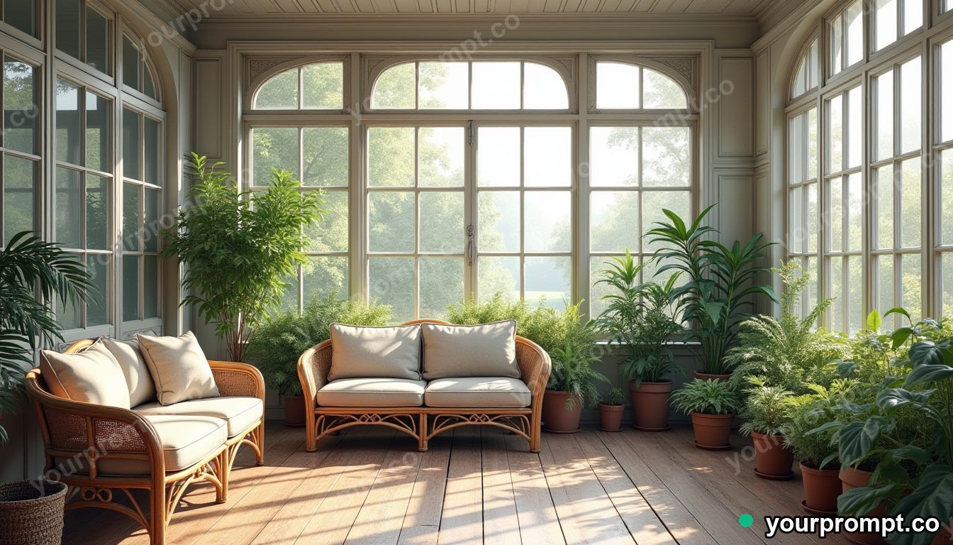 A plant-filled sunroom with rattan furniture in charcoal sketch style — AI-generated image from a text prompt
