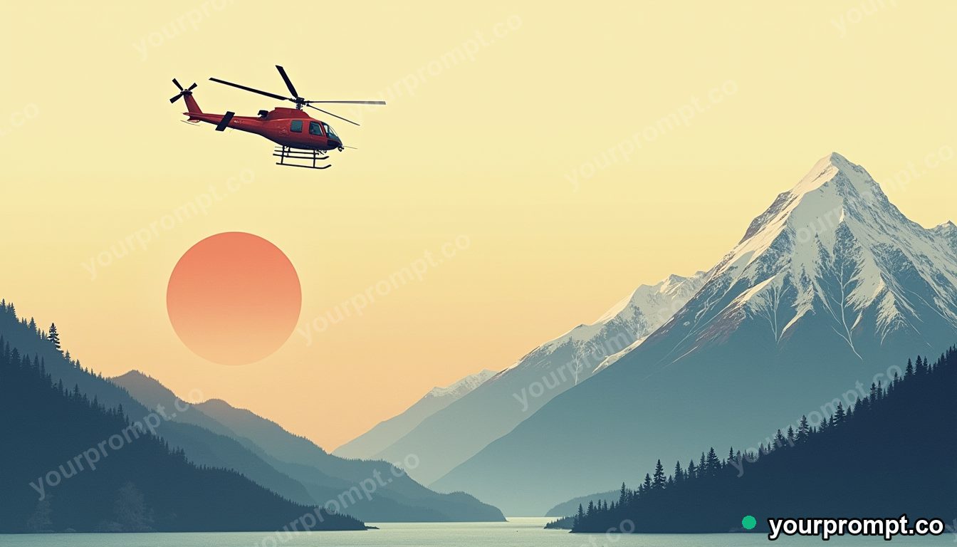 A rescue helicopter hovering above a mountain ridge in ukiyo-e woodblock style — AI-generated image from a text prompt