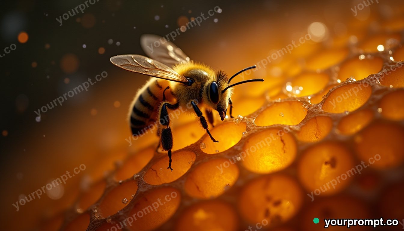 A honeybee hive close-up with golden comb in airbrushed retro sci-fi style — AI-generated image from a text prompt