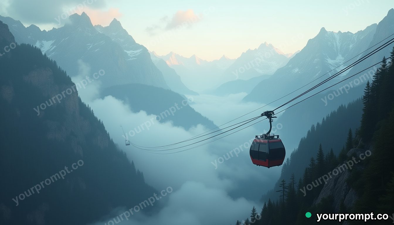 A cable car climbing into misty mountains in photorealistic style — AI-generated image from a text prompt
