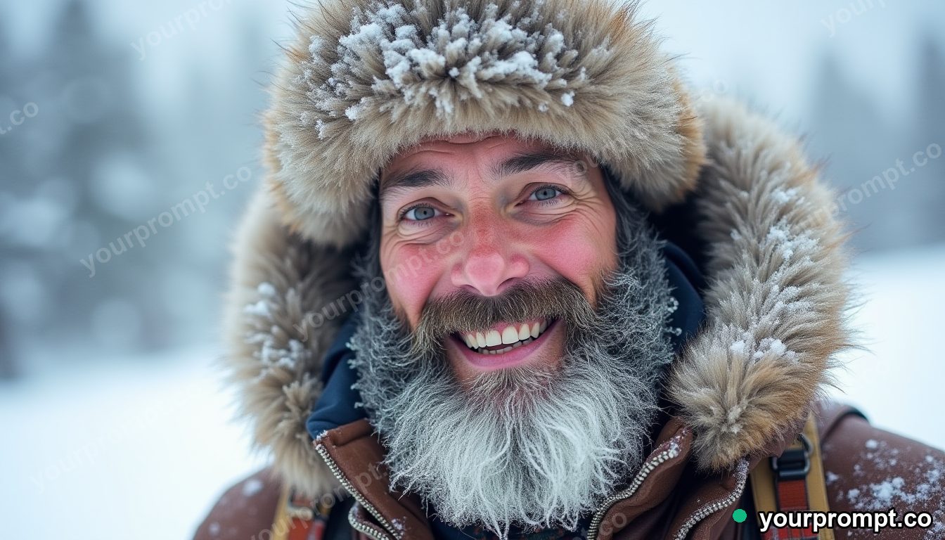 A rugged explorer in snow gear with frost on his beard, fictional in soft watercolor painting style — AI-generated image from a text prompt