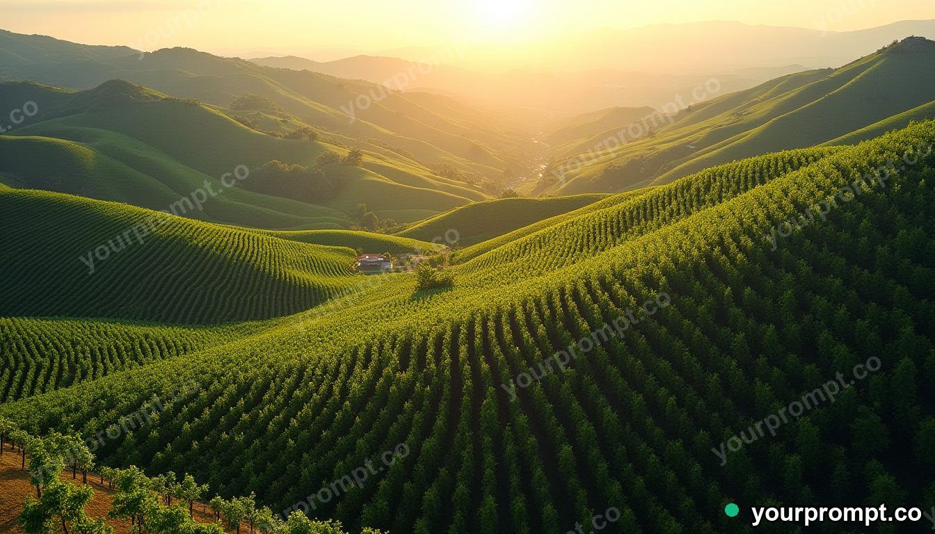 A bird's-eye view of a terraced vineyard on rolling hills in isometric miniature style — AI-generated image from a text prompt