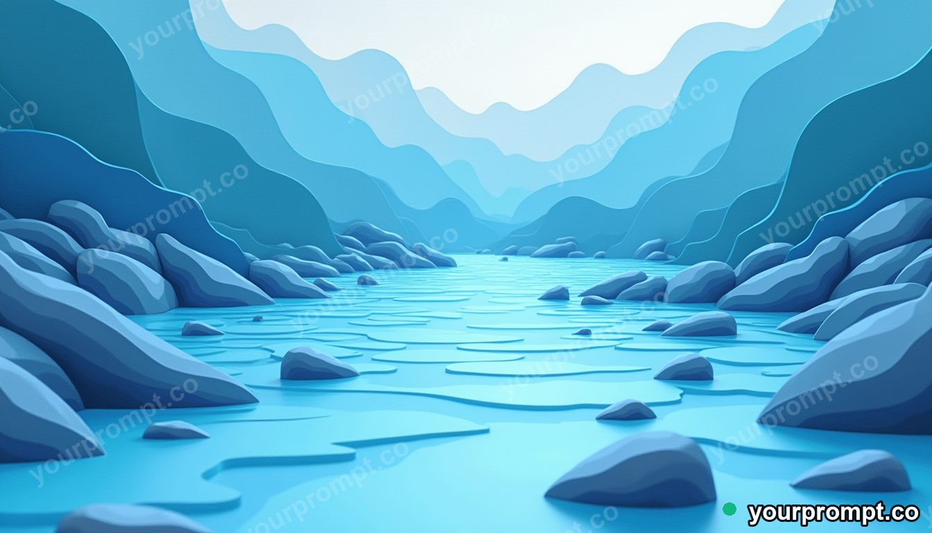 Smooth river pebbles under clear flowing water in layered papercut art style — AI-generated image from a text prompt