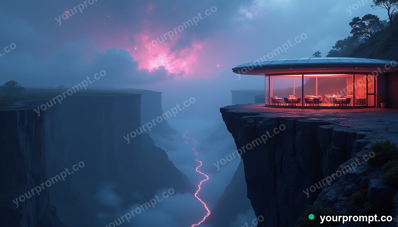 A cliff edge cafe overlooking a galaxy-filled canyon in vaporwave synthwave style — AI-generated image from a text prompt