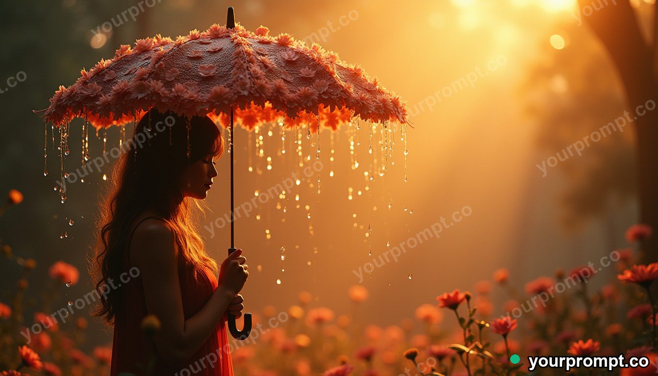 An umbrella raining flowers instead of water in epic fantasy concept art style — AI-generated image from a text prompt