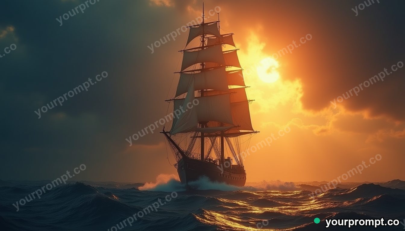 A tall sailing ship in a stormy sea at dusk in golden-hour photography style — AI-generated image from a text prompt
