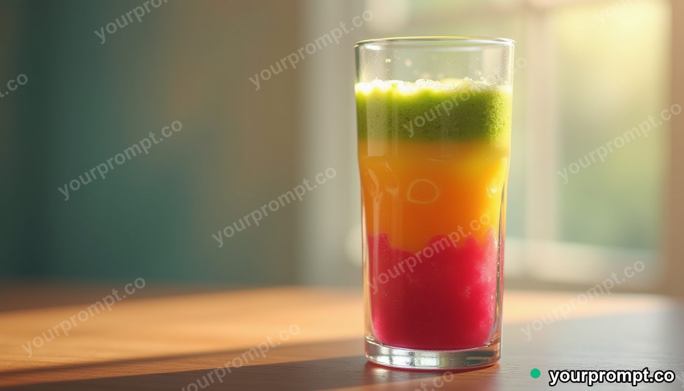 A colorful layered smoothie in a tall glass in hyperrealistic style — AI-generated image from a text prompt