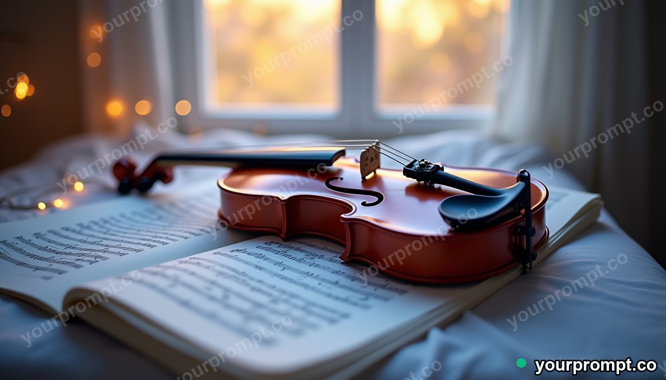 A violin resting on sheet music in soft window light in dreamy pastel style — AI-generated image from a text prompt