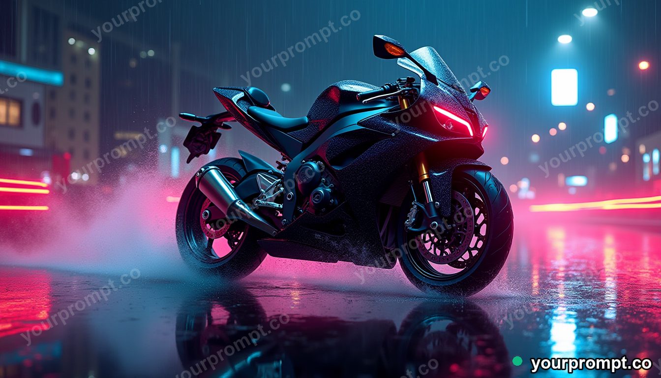 A sport bike leaning hard through a rainy corner in neon cyberpunk style — AI-generated image from a text prompt