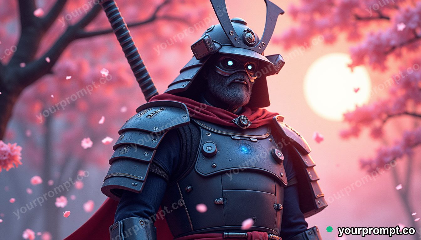 A cyborg samurai under falling cherry blossoms in warm storybook illustration style — AI-generated image from a text prompt