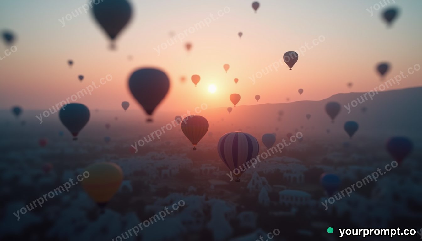 A hot-air-balloon-filled sky over Cappadocia at dawn in tilt-shift miniature style — AI-generated image from a text prompt