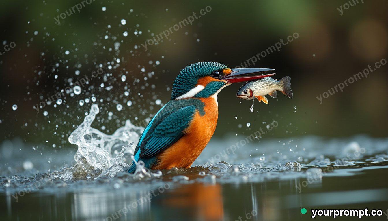 A kingfisher splashing out of water with a fish in vintage film photograph style — AI-generated image from a text prompt