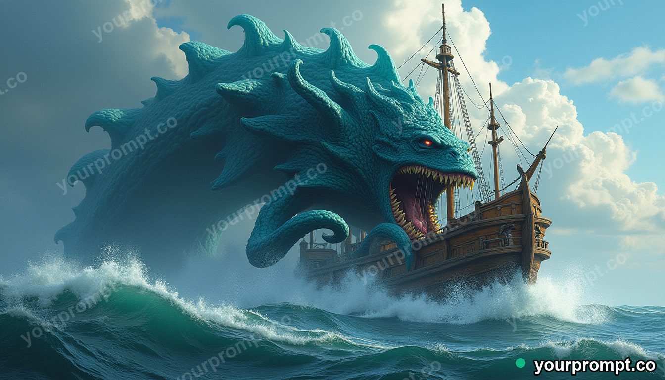 The Kraken rising to crush a wooden ship in matte concept painting style — AI-generated image from a text prompt