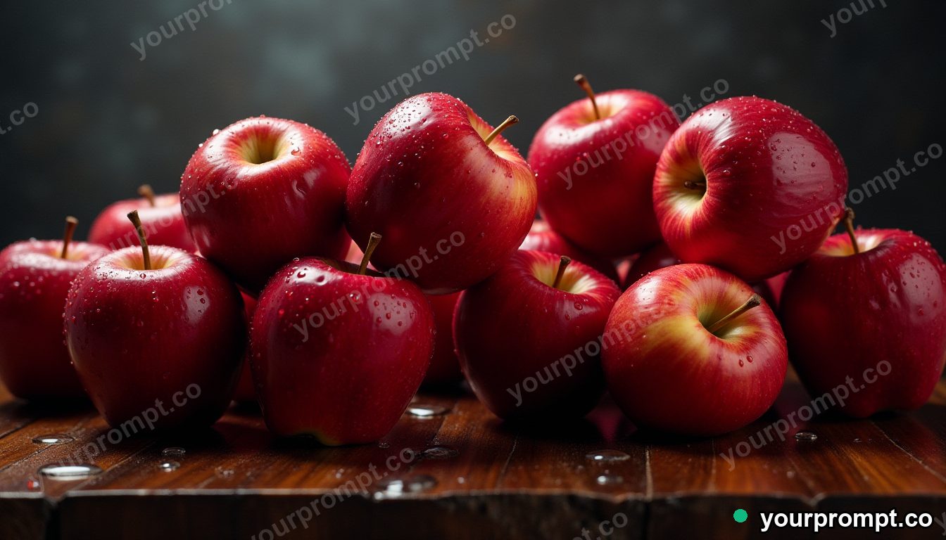 A stack of crisp red apples with water drops in stained-glass mosaic style — AI-generated image from a text prompt
