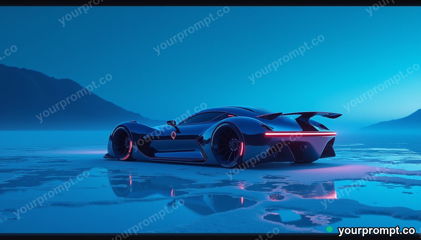 A futuristic concept car with glowing accents on a salt flat in ukiyo-e woodblock style — AI-generated image from a text prompt