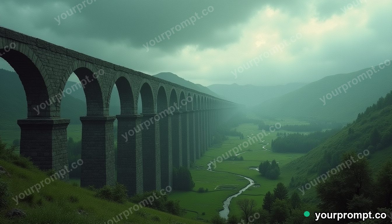 A Roman stone aqueduct over a green valley in airbrushed retro sci-fi style — AI-generated image from a text prompt