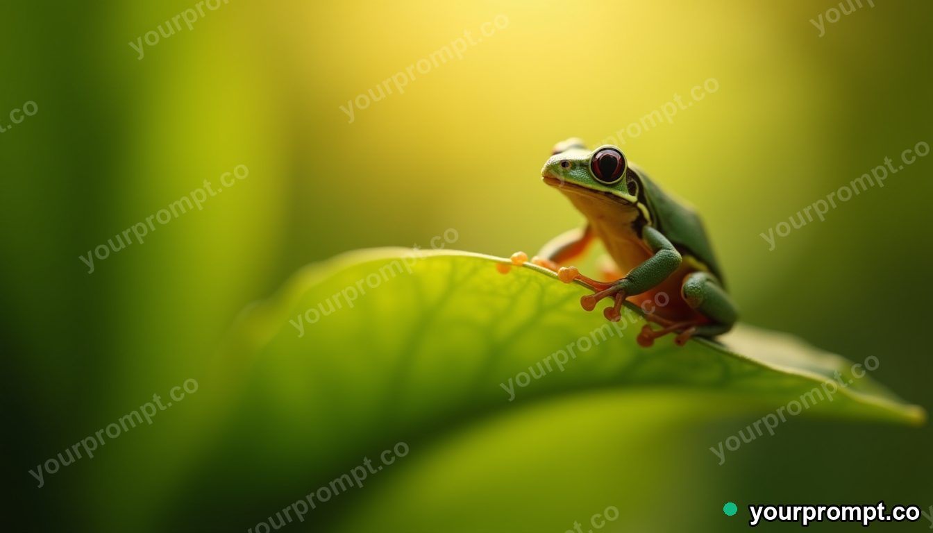 A tiny tree frog perched on a bright leaf, macro in cinematic film still style — AI-generated image from a text prompt