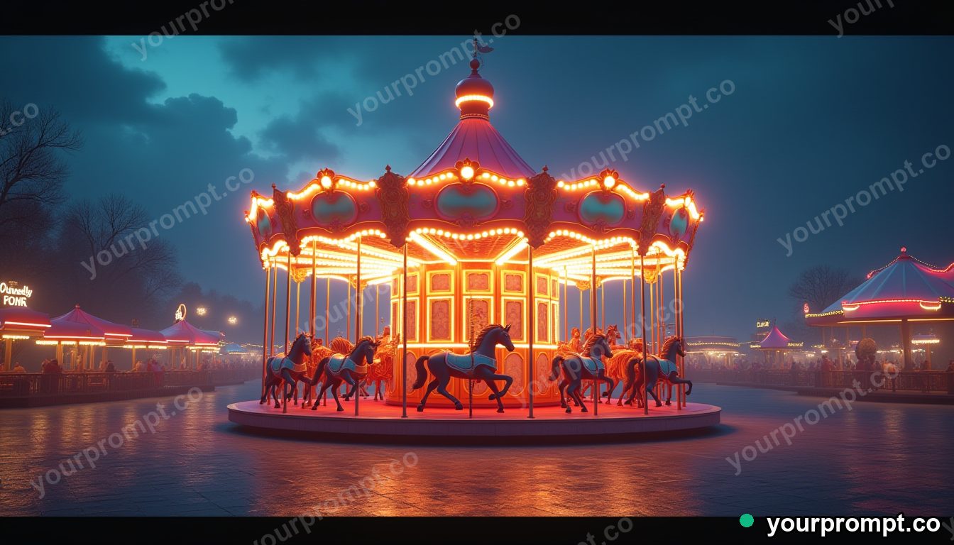 A glowing carousel turning in an empty night fair in 3D octane render style — AI-generated image from a text prompt