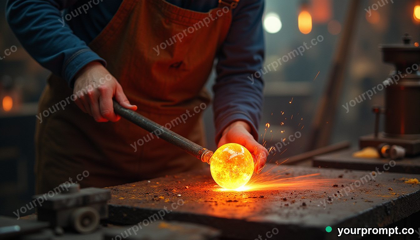 A glassblower shaping molten glass with a glowing rod in soft watercolor painting style — AI-generated image from a text prompt