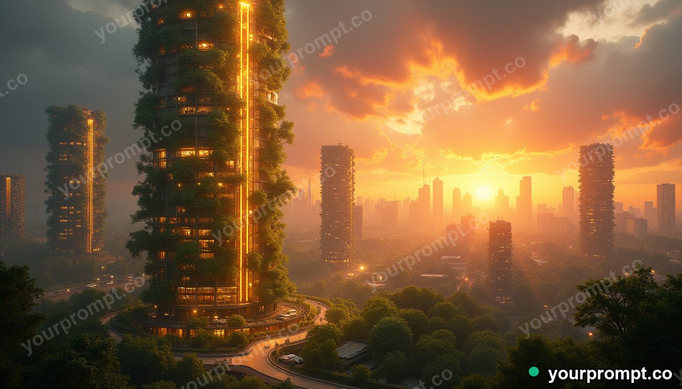 A vertical farm tower glowing inside a future city in rich oil painting style — AI-generated image from a text prompt