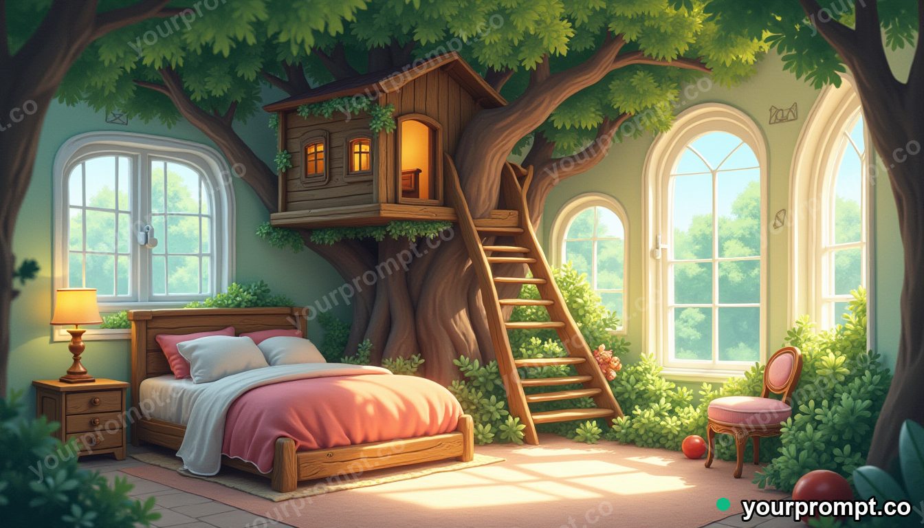A child's whimsical bedroom shaped like a treehouse in anime illustration style — AI-generated image from a text prompt