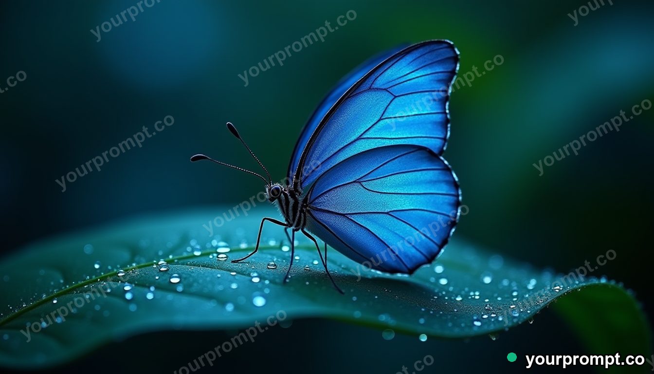 A blue morpho butterfly on a dewy leaf, macro in surreal digital art style — AI-generated image from a text prompt